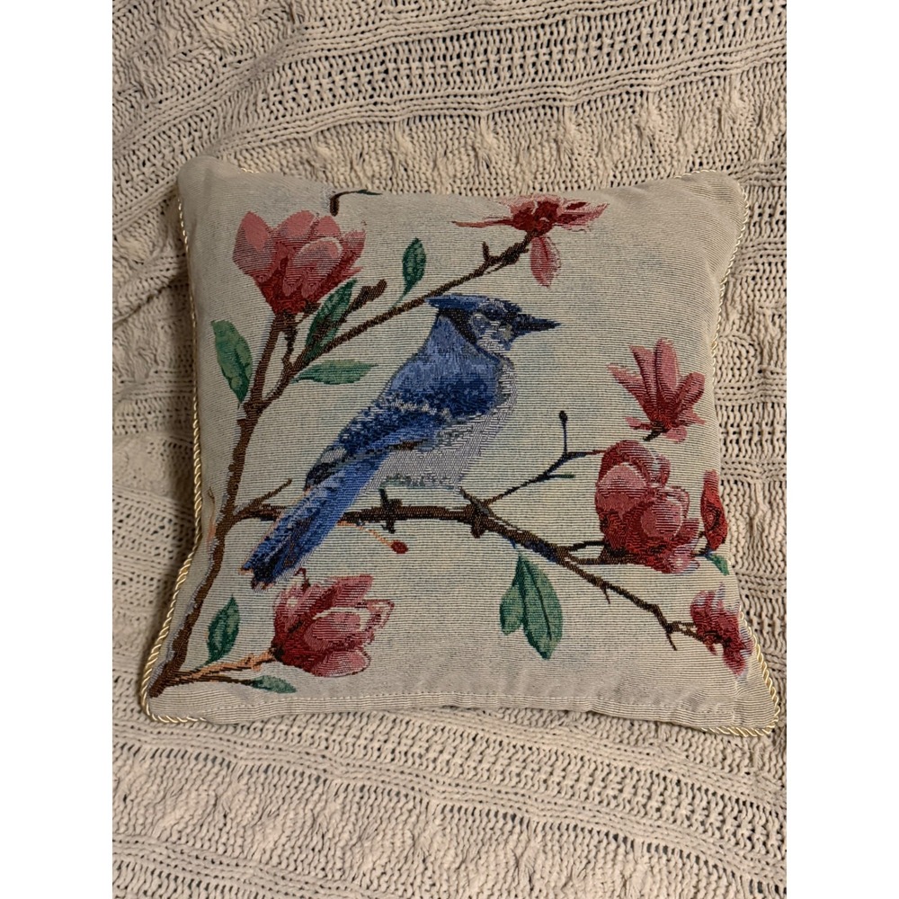 Vintage Blue Jay Magnolia Woven Tapestry Throw Pillow Gold Rope Trim Decorative